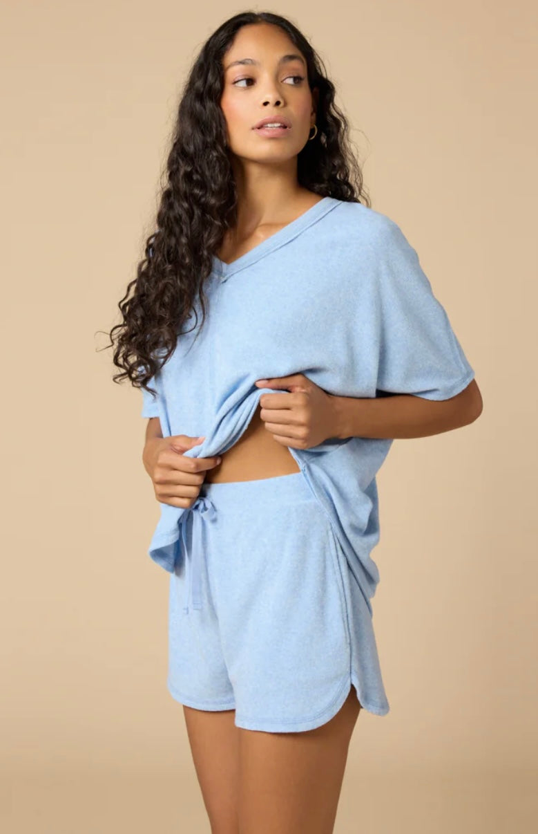 Softies Terry Relaxed V-Neck with Short Set - Heather Sky Blue