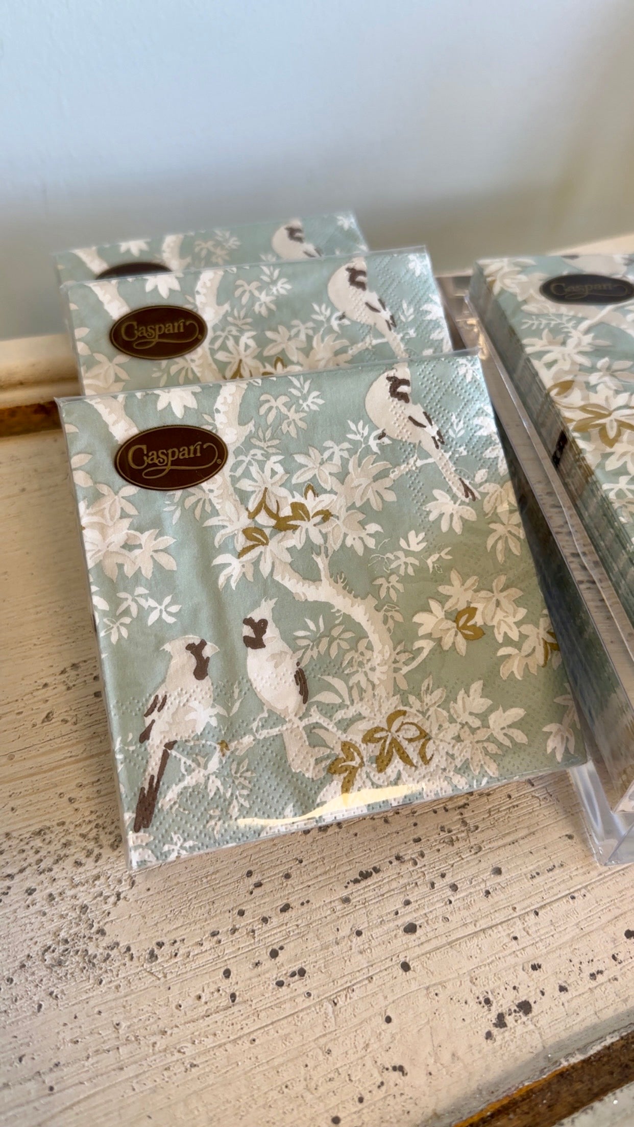 Caspari Cocktail Napkins - Scenic Songbirds Celadon