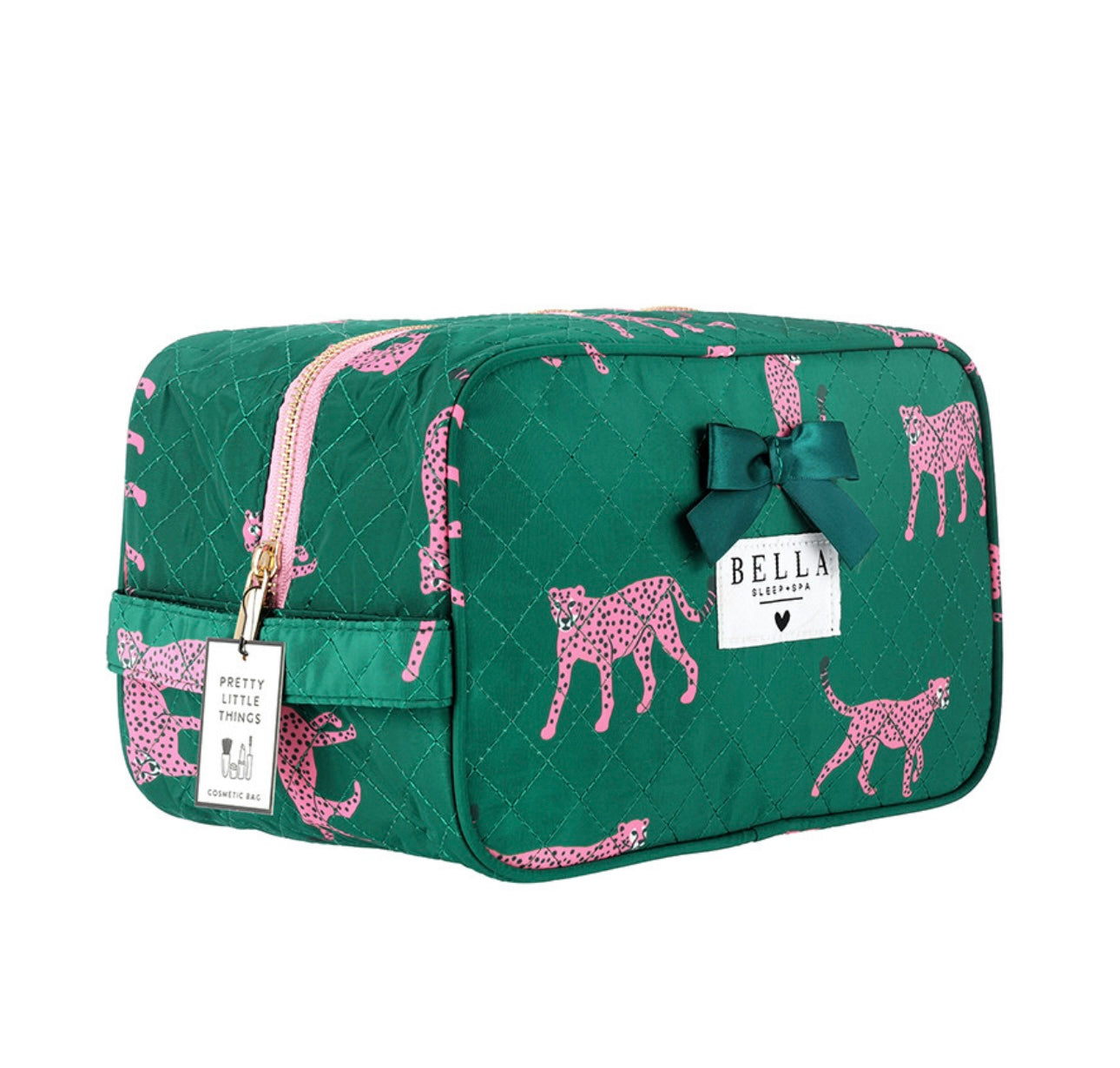 Bella Sleep + Spa - Quilted Cosmetic Bag - Green with Hot Pink Cheetahs