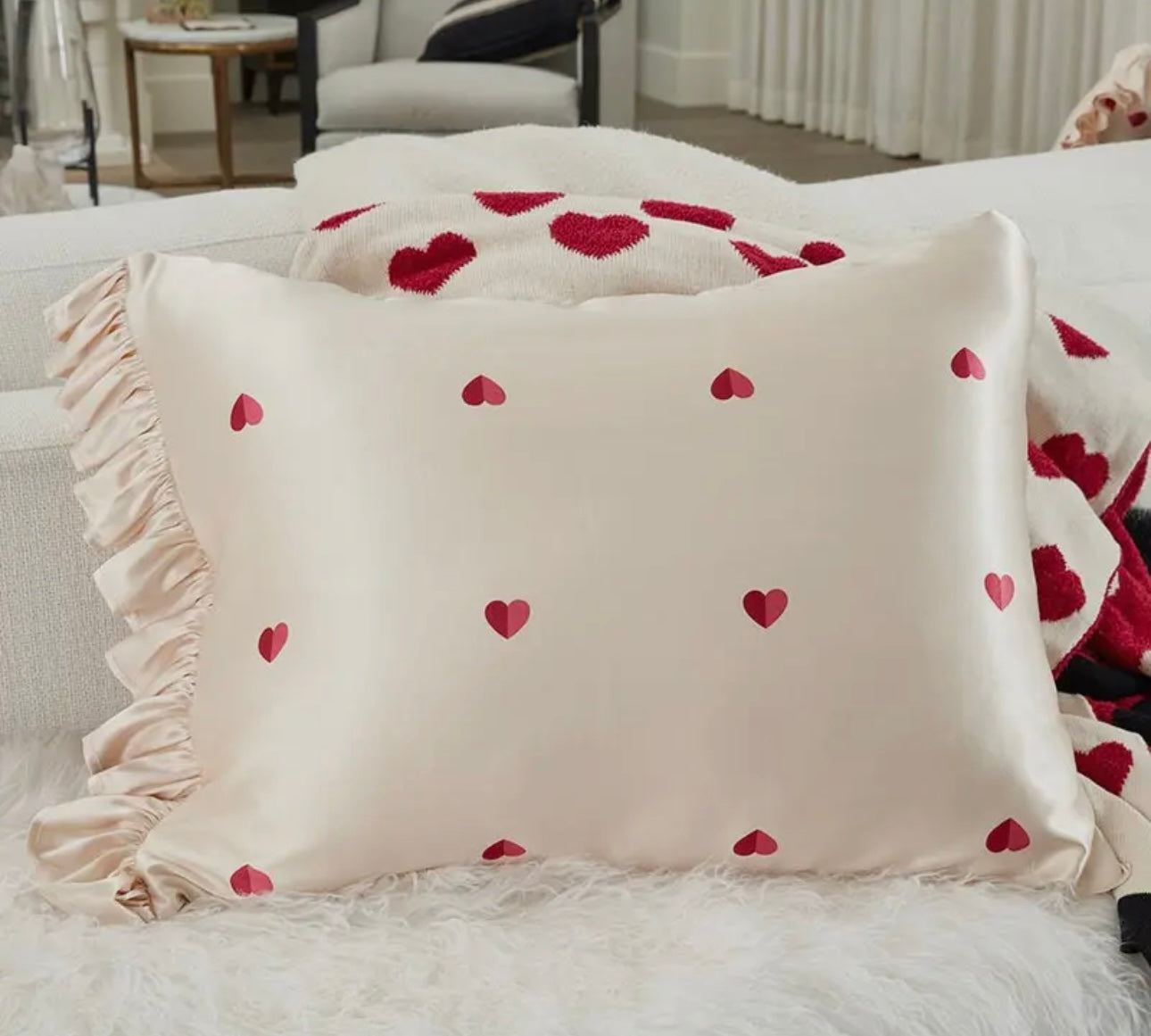 Bella Sleep + Spa Ruffled Satin Pillowcase Ivory/Red Hearts