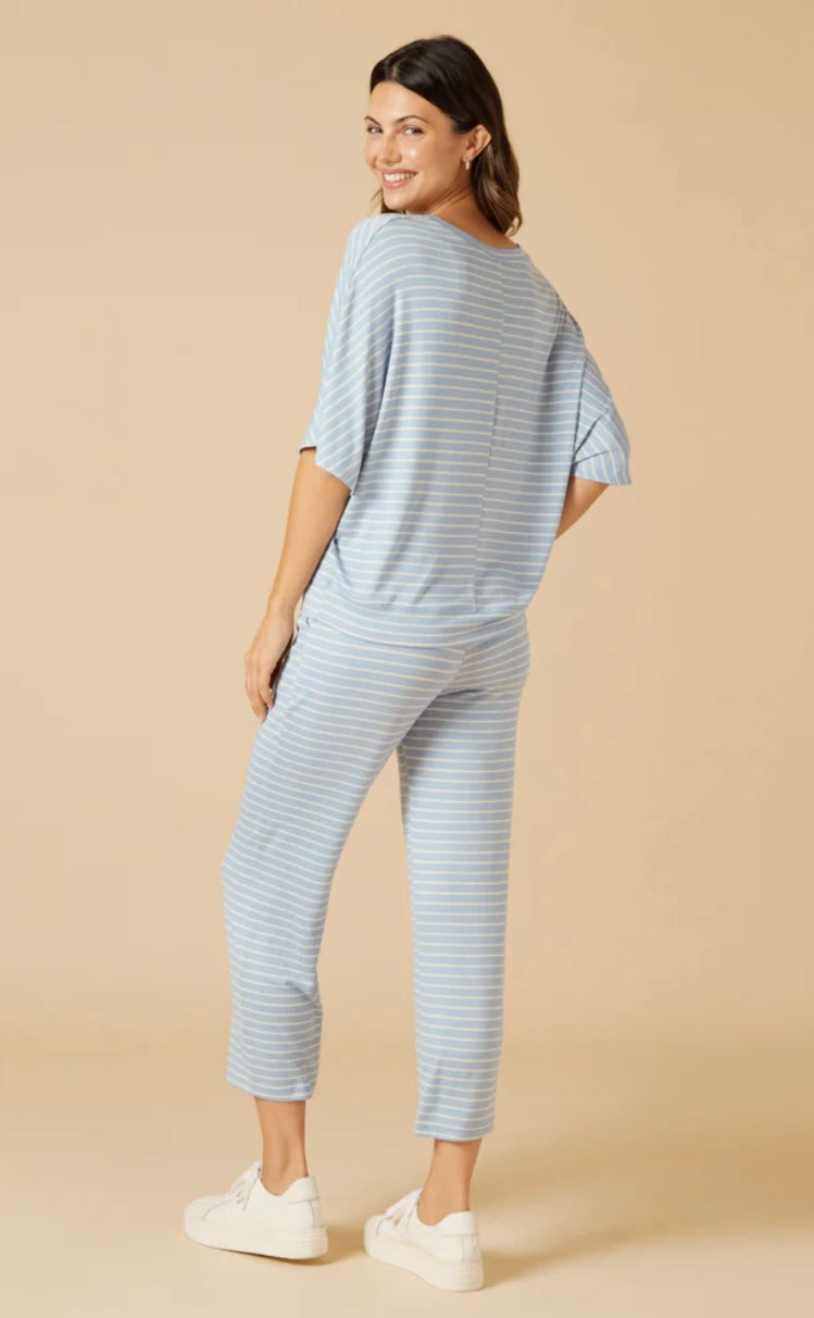 Softies Dream Relaxed V-neck with Capri Lounge Set - Sky Blue Stripe