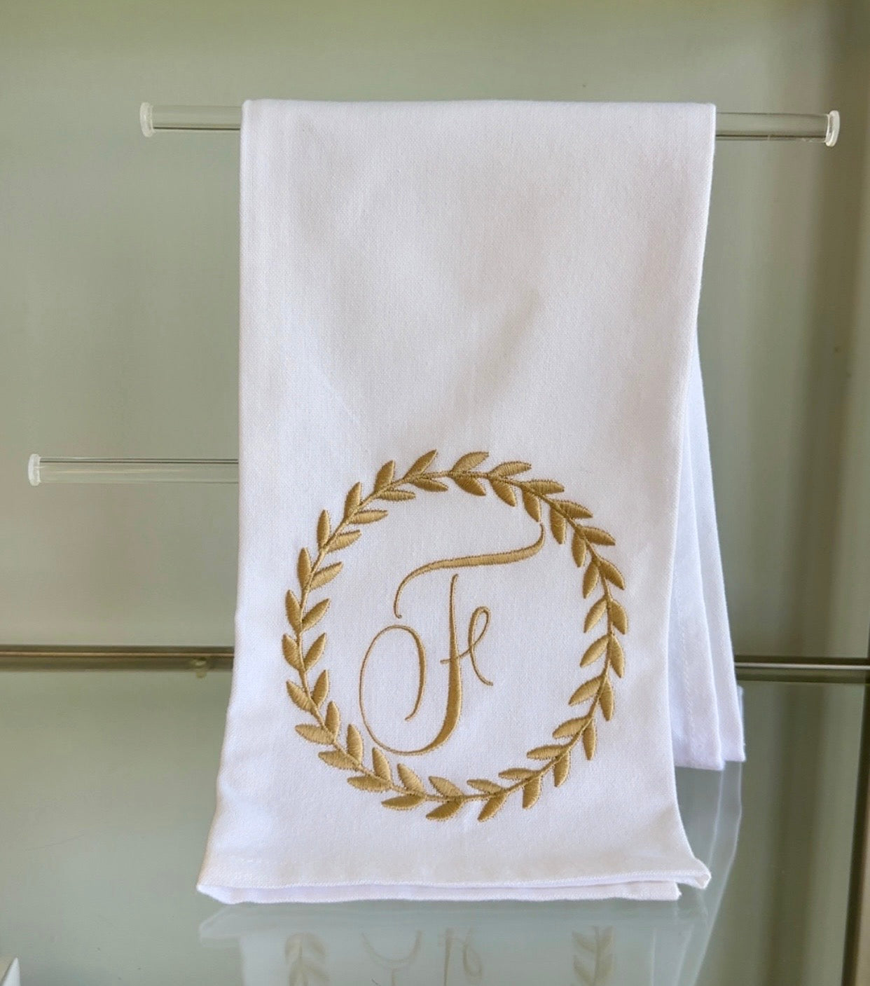 Gold Wreath Hand Towel - F Initial
