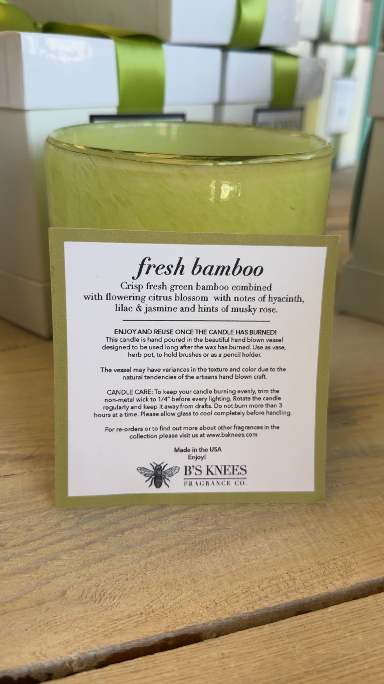 B's Knees Colored Glass 3 Wick Candle - Fresh Bamboo