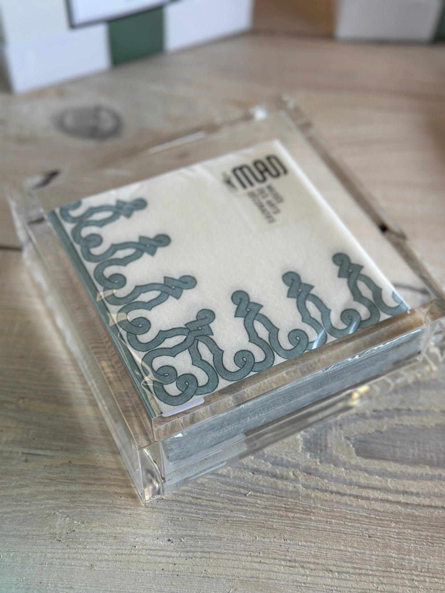 Caspari Paper Linen Cocktail Napkins - Stone Blue Dessin Passementerie