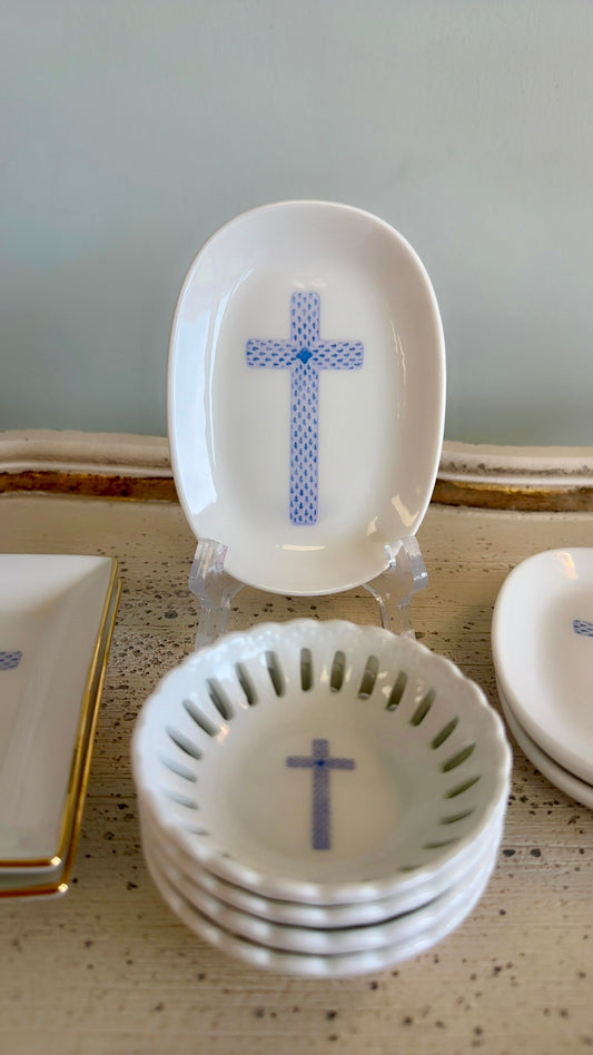 Cross Design Porcelain Oval Dish - Blue