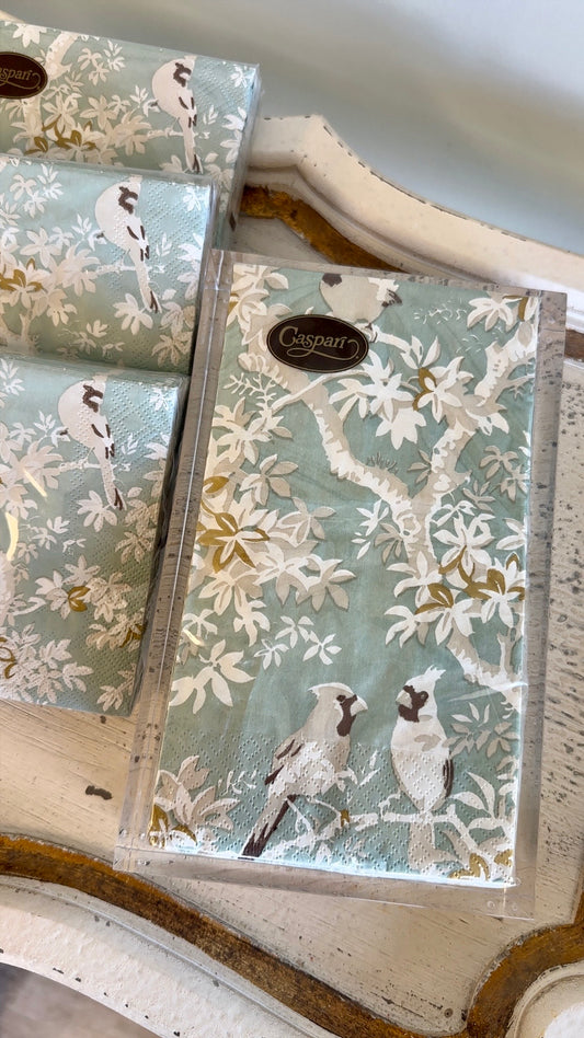 Caspari Guest Towel Napkins - Scenic Songbirds Celadon