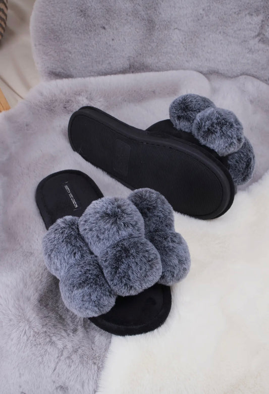 Pretty You London Dolly Pom Pom Slipper - Black