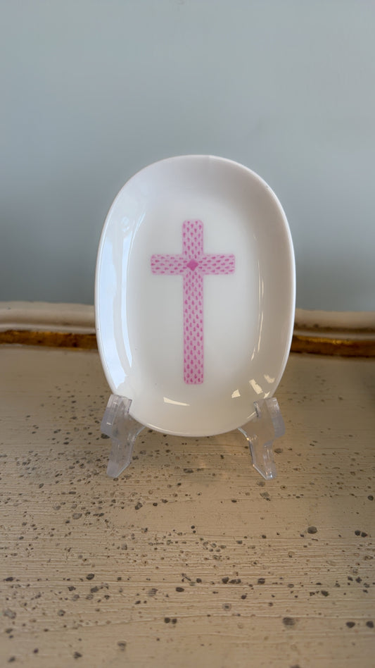 Cross Design Porcelain Oval Dish - Pink