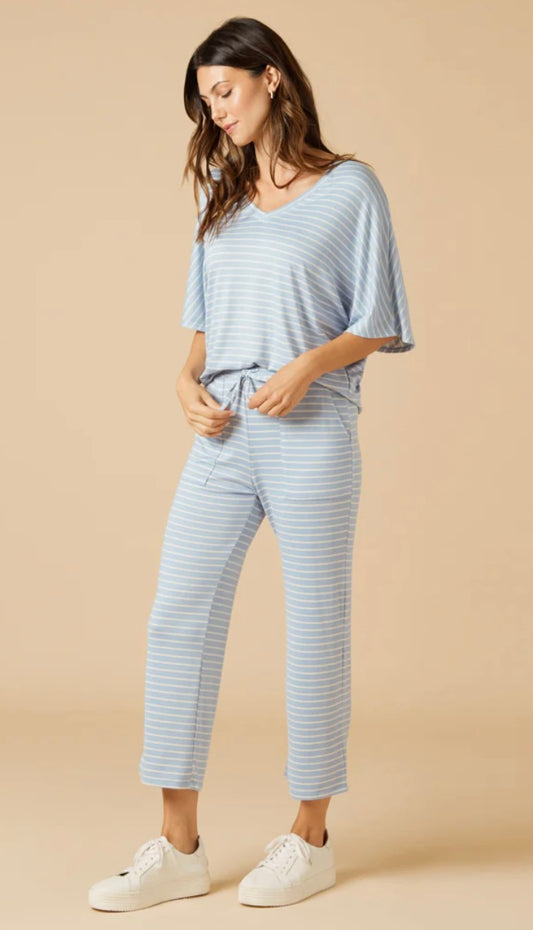 Softies Dream Relaxed V-neck with Capri Lounge Set - Sky Blue Stripe