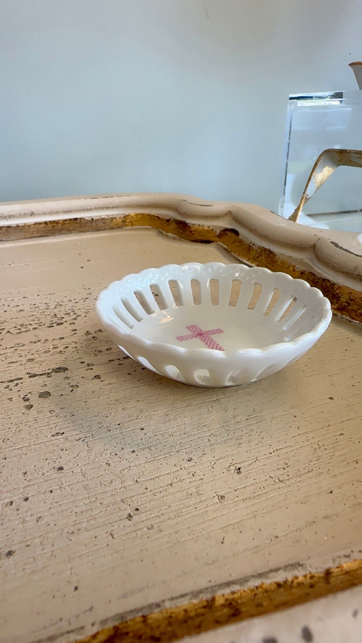 Cross Design Porcelain Ring/Trinket Dish - Pink