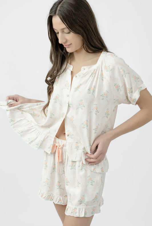 Rose Garden Pajama Short Set - Hi-Lo Top & Ruffle Shorts