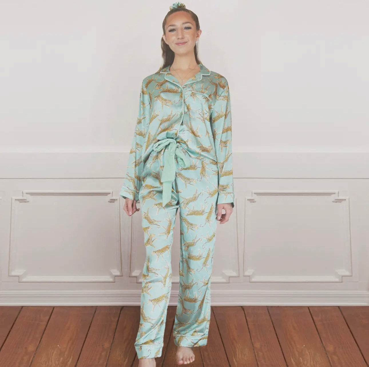 8 Oak Lane Sage Leopard Satin Pant PJ Set