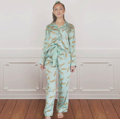 8 Oak Lane Sage Leopard Satin Pant PJ Set
