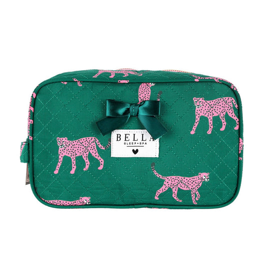 Bella Sleep + Spa - Quilted Cosmetic Bag - Green with Hot Pink Cheetahs