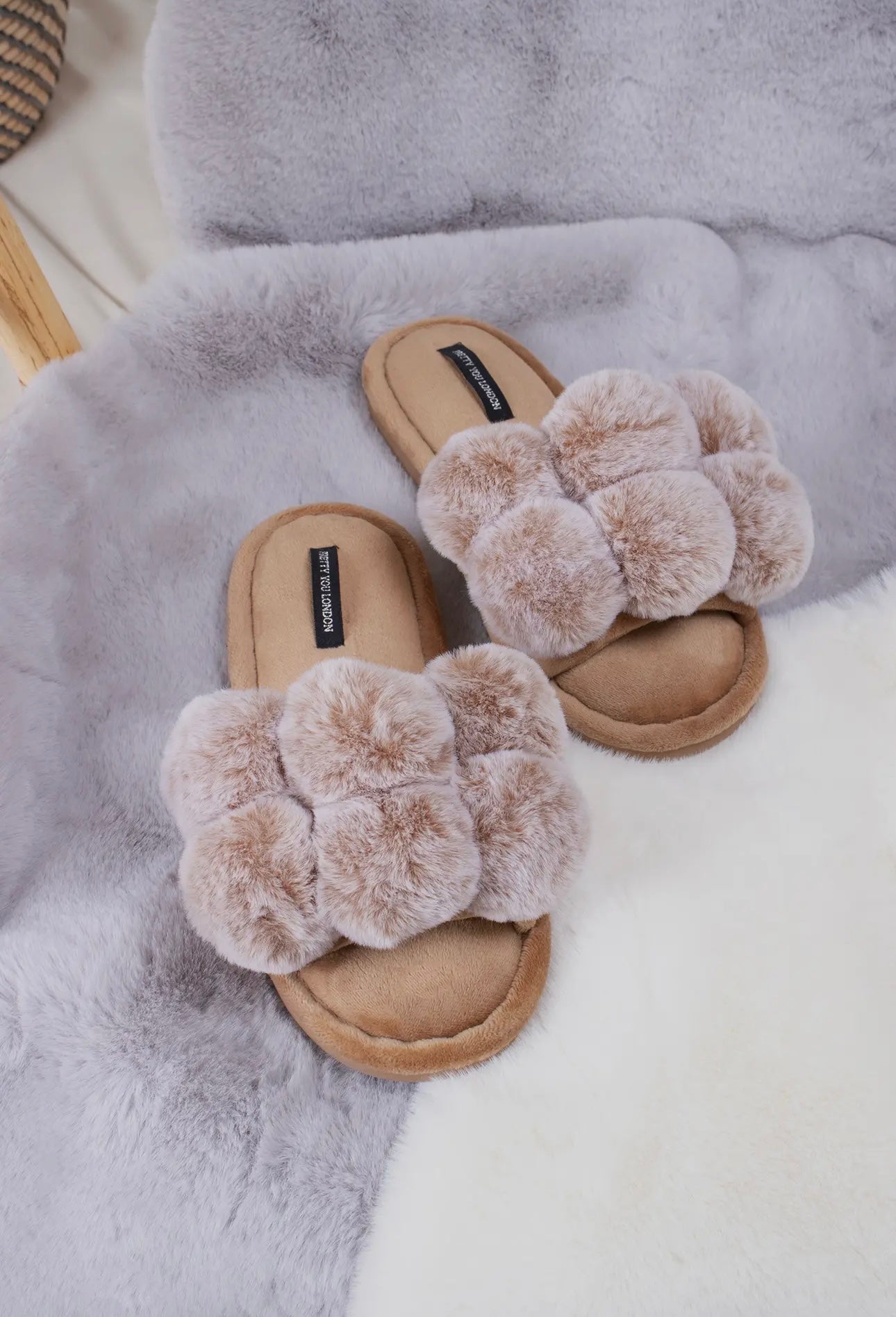 Pretty You London Dolly Pom Pom Slipper - Caramel