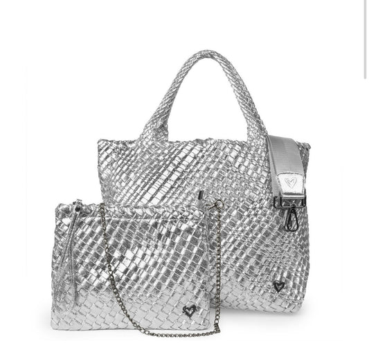 preneLOVE Handwoven London Large Tote + Crossbody - Silver