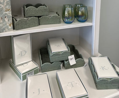 Caspari Rattan Scalloped Cocktail Napkin - Green