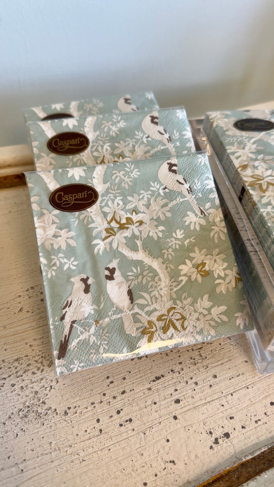 Caspari Cocktail Napkins - Scenic Songbirds Celadon