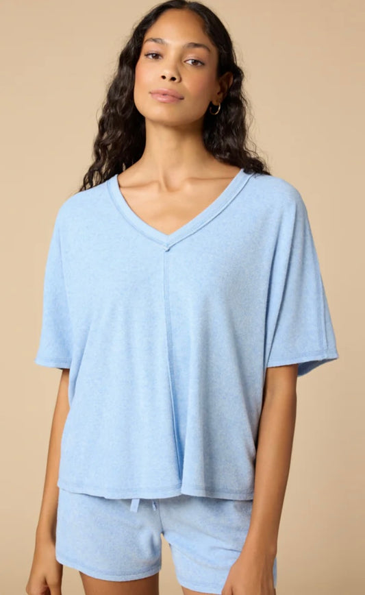 Softies Terry Relaxed V-Neck with Short Set - Heather Sky Blue