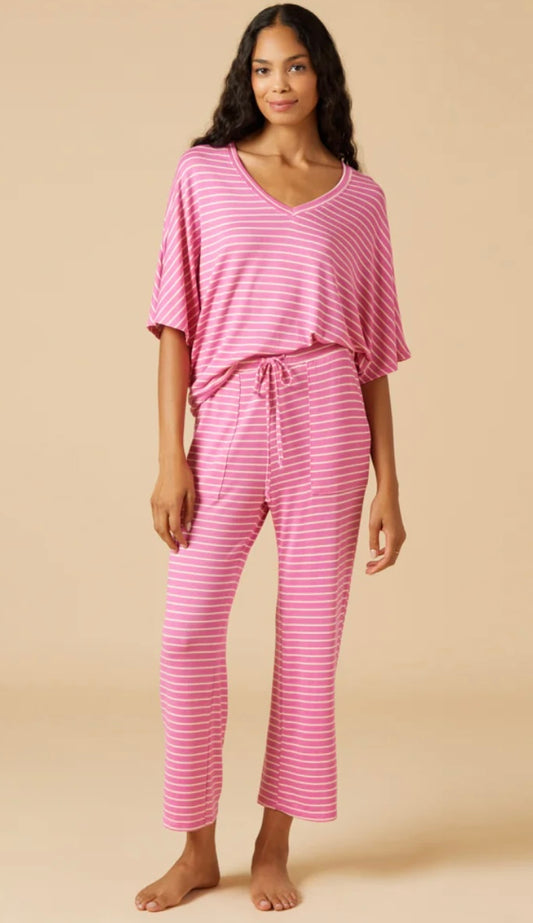 Softies Dream Relaxed V-neck with Capri Lounge Set - Fuchsia Stripe