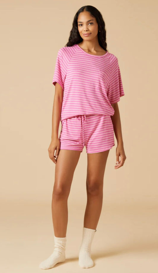 Softies Dream Slouchy Tee Top with Shorts Lounge Set - Fuchsia Stripe