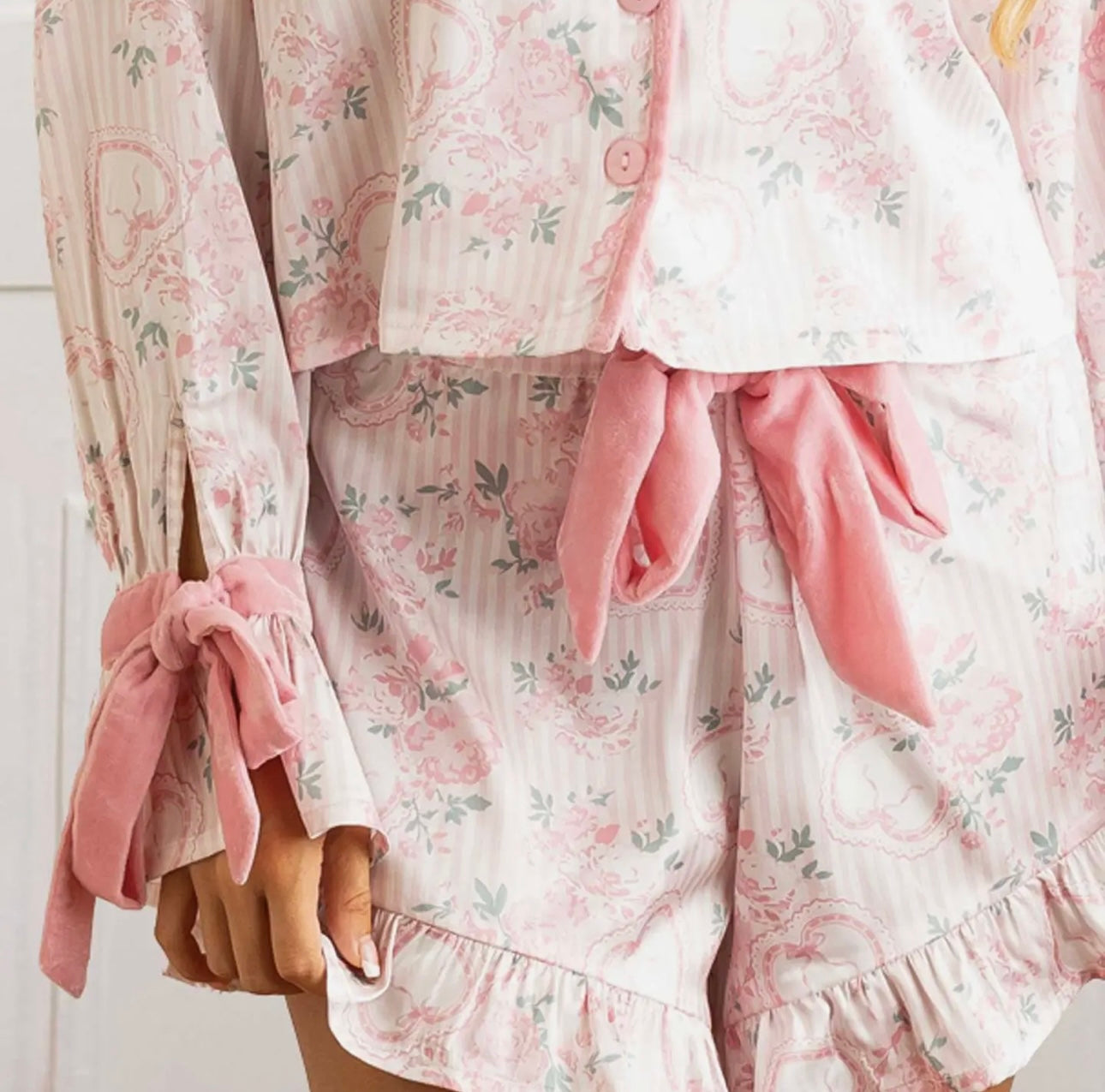 Sweetheart Blooms Satin Ruffle Pajama Short Set