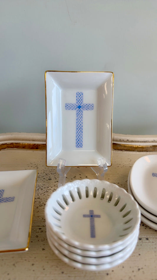 Cross Design Porcelain Rectangle Dish w/Gold Trim - Blue