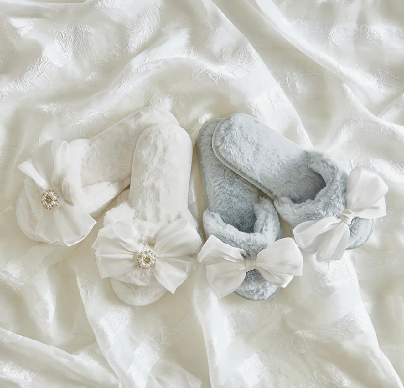 Bella Sleep + Spa - Plush Slippers - Light Blue with White Bow