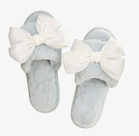 Bella Sleep + Spa - Plush Slippers - Light Blue with White Bow
