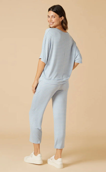 Softies Dream Relaxed V-neck with Capri Lounge Set - Sky Blue Stripe