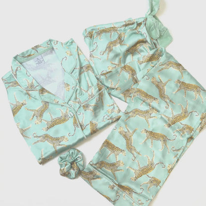 8 Oak Lane Sage Leopard Satin Pant PJ Set
