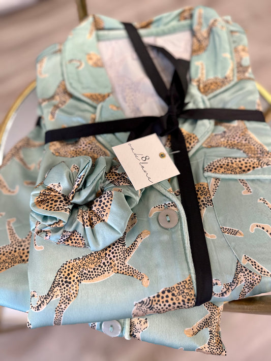 8 Oak Lane Sage Leopard Satin Pant PJ Set
