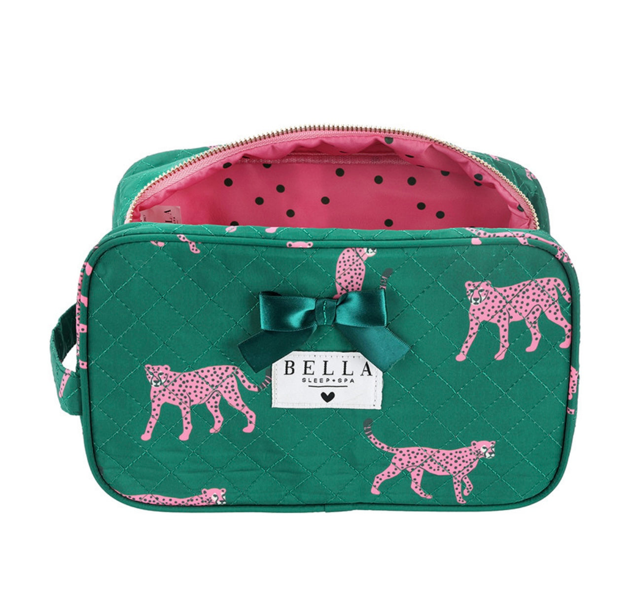 Bella Sleep + Spa - Quilted Cosmetic Bag - Green with Hot Pink Cheetahs