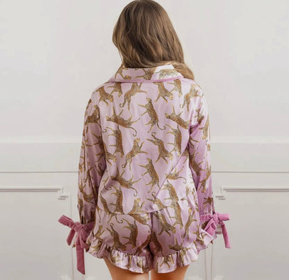 8 Oak Lane Lavender Leopard Satin Ruffle Short PJ Set