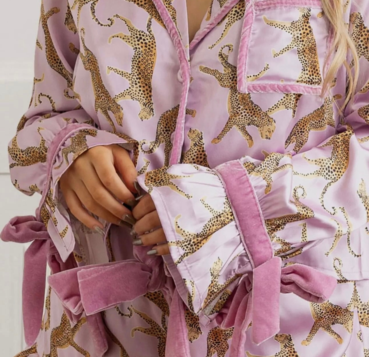 8 Oak Lane Lavender Leopard Satin Ruffle Short PJ Set