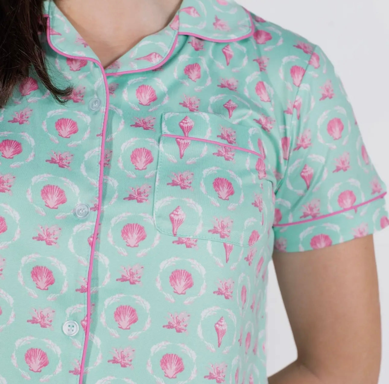 The Royal Standard Brighton Terrace Button Up Sleep Shirt Emerald Coast/Pink
