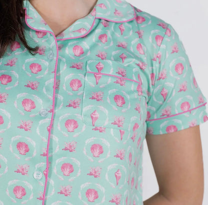 The Royal Standard Brighton Terrace Button Up Sleep Shirt Emerald Coast/Pink
