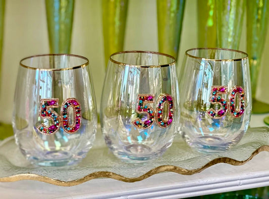 Mary Square Beaded Stemless Wine Glass - 50