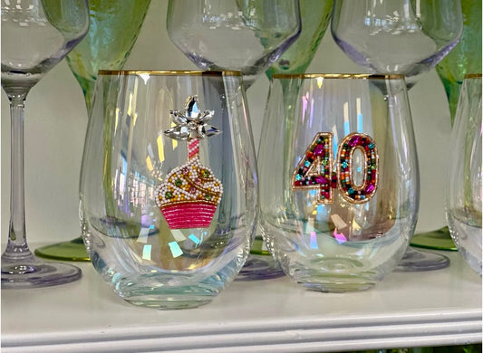 Mary Square Beaded Stemless Birthday Wine Glass