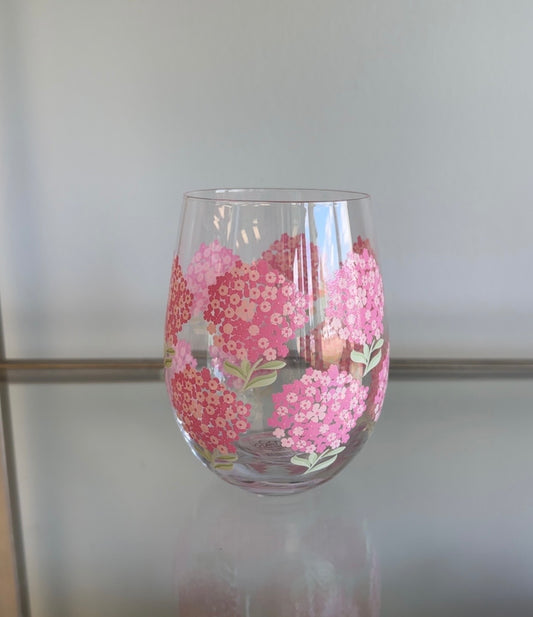 Two's Company Pink Hydrangea Stemless Wine Glasses