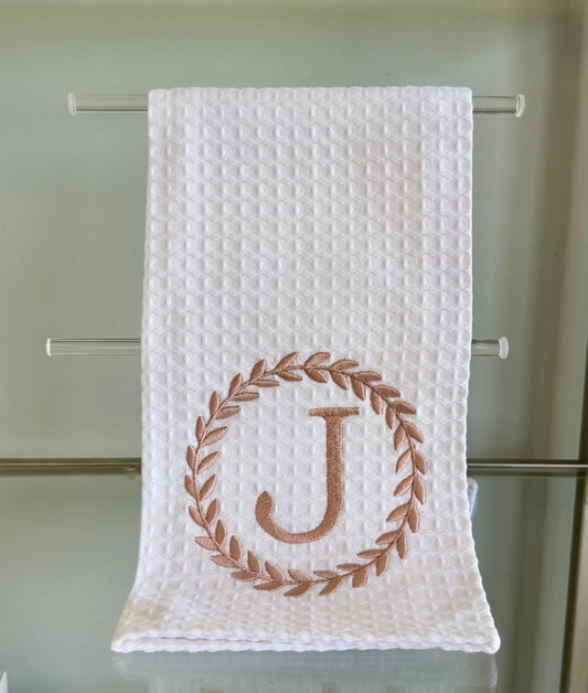 Waffle and Rose Gold Wreath Hand Towel - J Initial