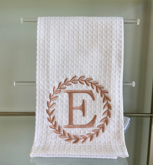 Waffle and Rose Gold Wreath Hand Towel - E Initial