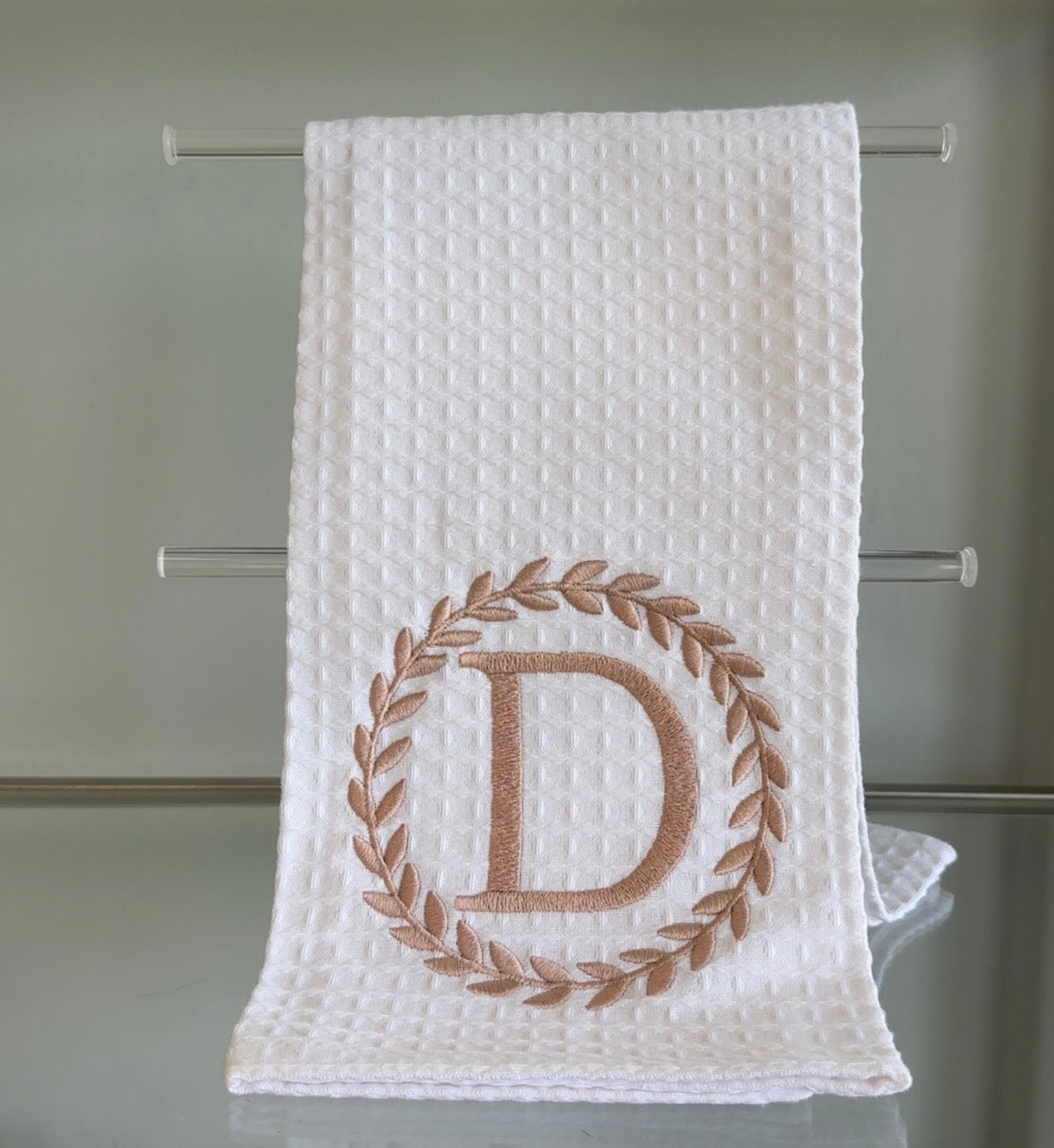 Waffle and Rose Gold Wreath Hand Towel - D Initial