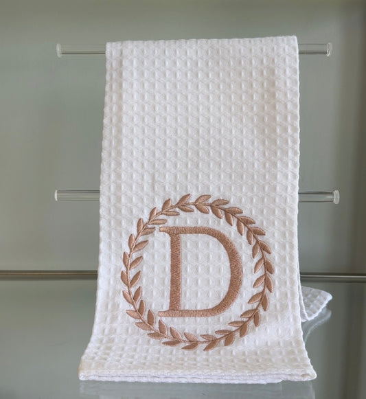 Waffle and Rose Gold Wreath Hand Towel - D Initial