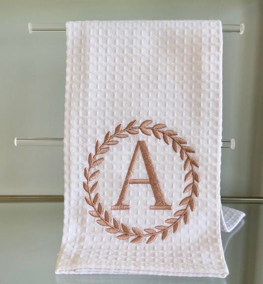 Waffle and Rose Gold Wreath Hand Towel - A Initial
