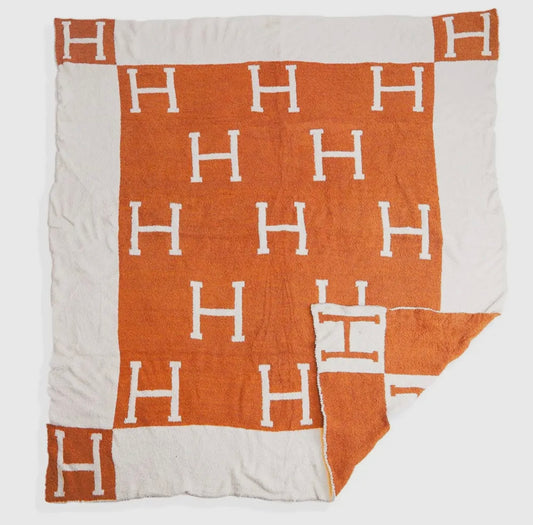 Initial Monogram H Patterned Reversible Blanket - Orange
