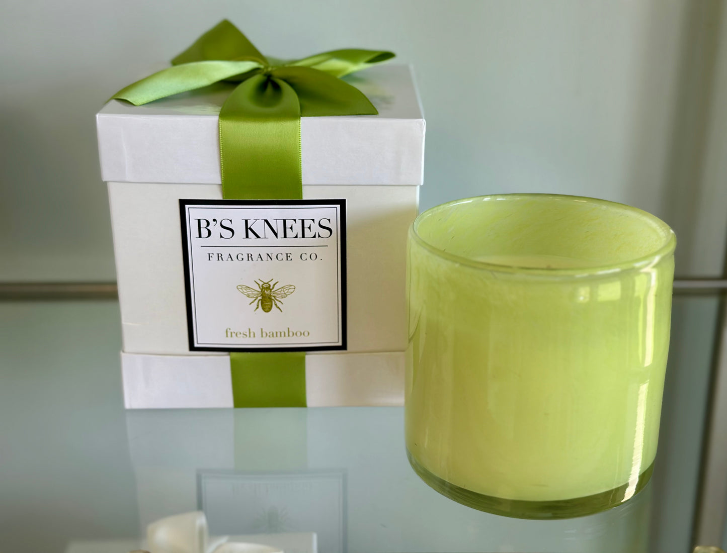 B's Knees Colored Glass 3 Wick Candle - Fresh Bamboo