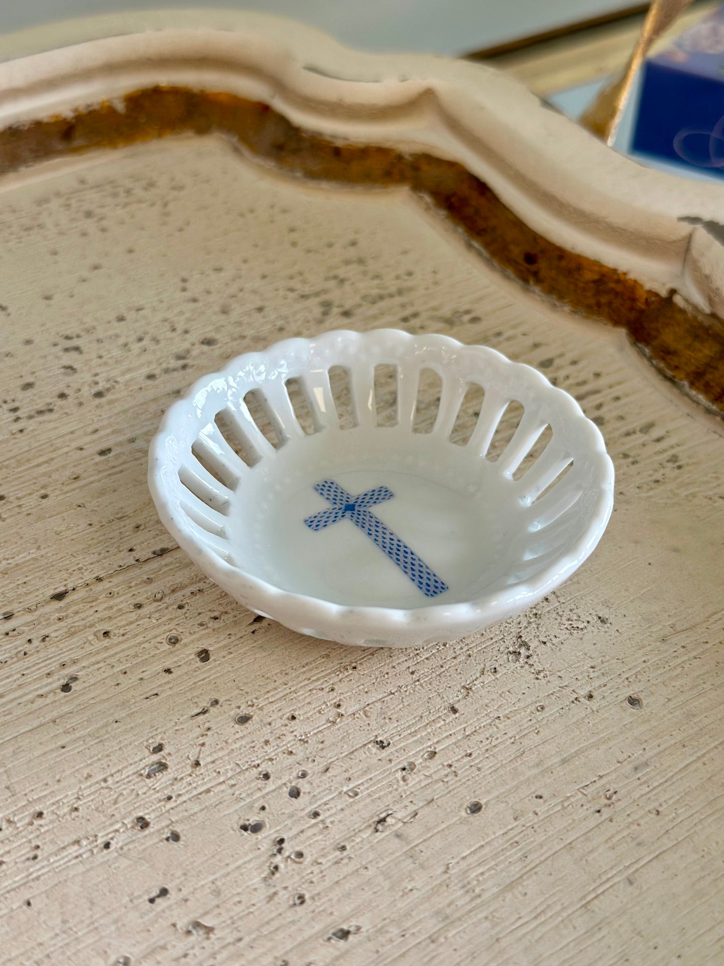 Cross Design Porcelain Ring/Trinket Tray - Blue