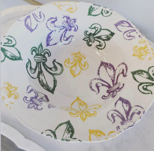 The Royal Standard Watercolor Fleur de Lis Serving Bowl in Mardi Gras Colors