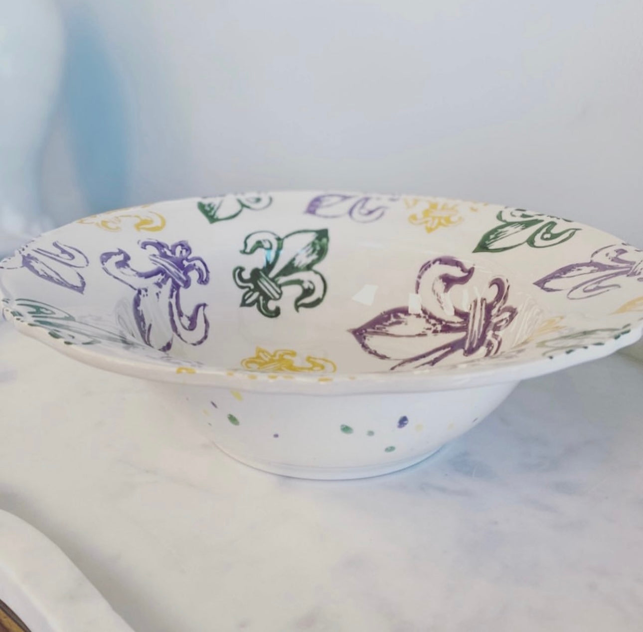 The Royal Standard Watercolor Fleur de Lis Serving Bowl in Mardi Gras Colors
